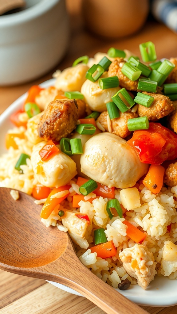 A hearty Japanese chicken and rice casserole with vegetables, garnished with green onions, served in a rustic kitchen.